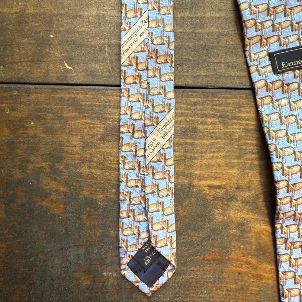 Ermenegildo Zegna Silk Tie OS Geometric Chair Pattern Blue Tan Italy Luxury